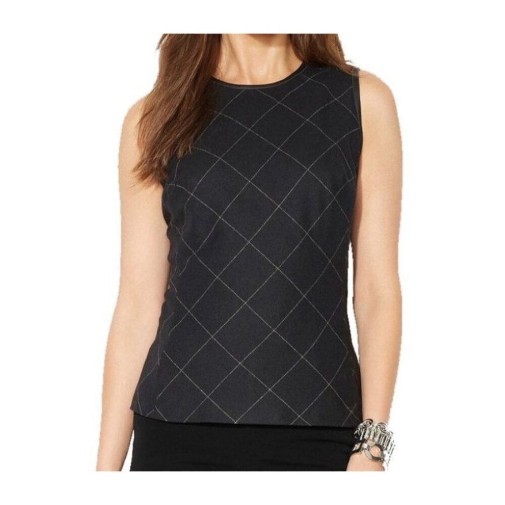 Lauren Ralph Lauren Black Wool Windowpane Plaid Leather‎ Trim Sleeveless Top 14